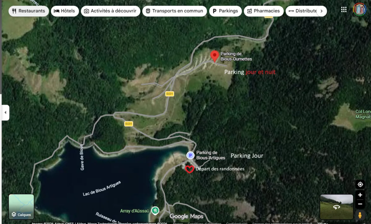 Carte du départ de la randonnée depuis les parkings de Bious-Oumettes et Bious-Artigues